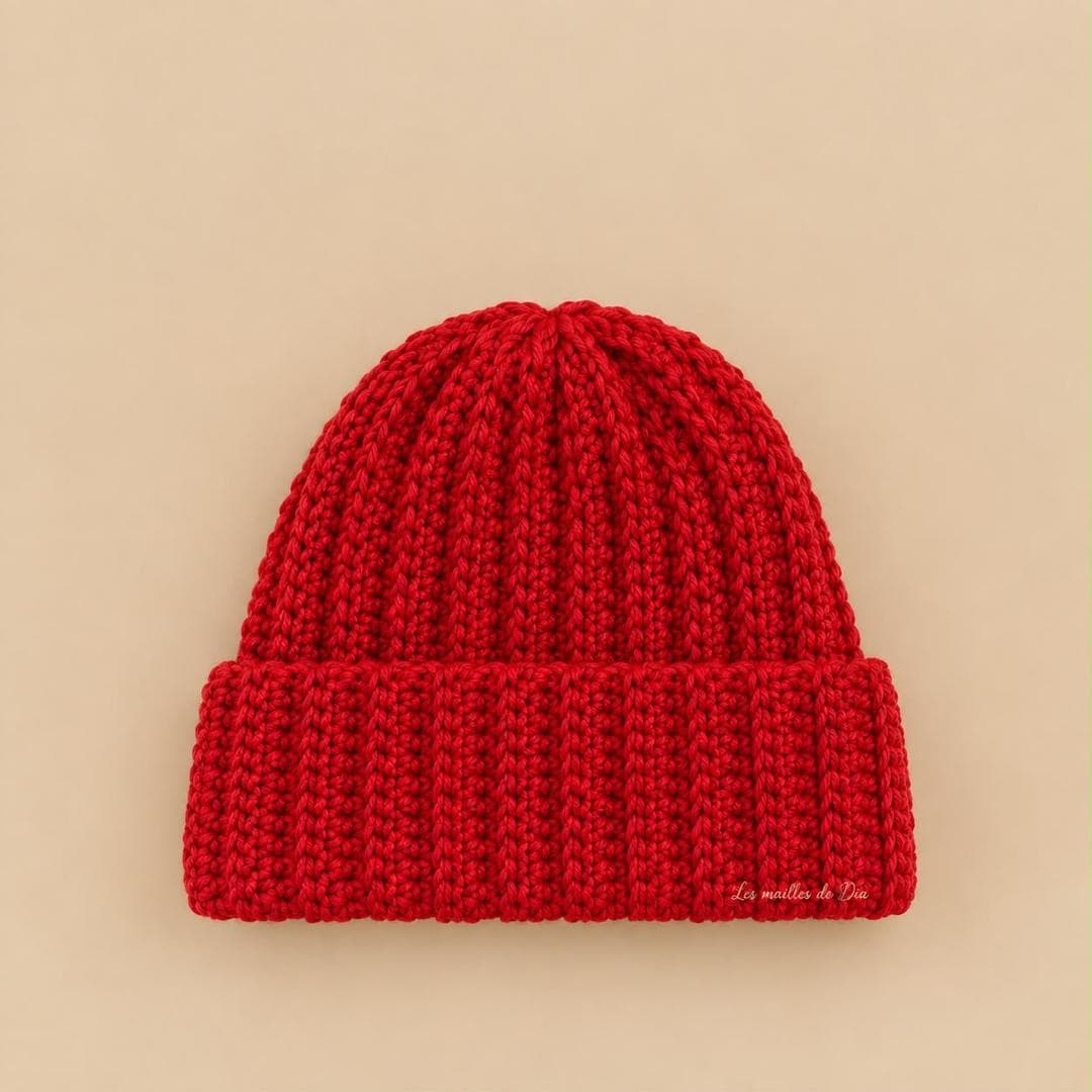 Bonnet crocheté rouge à côtes, avec revers.