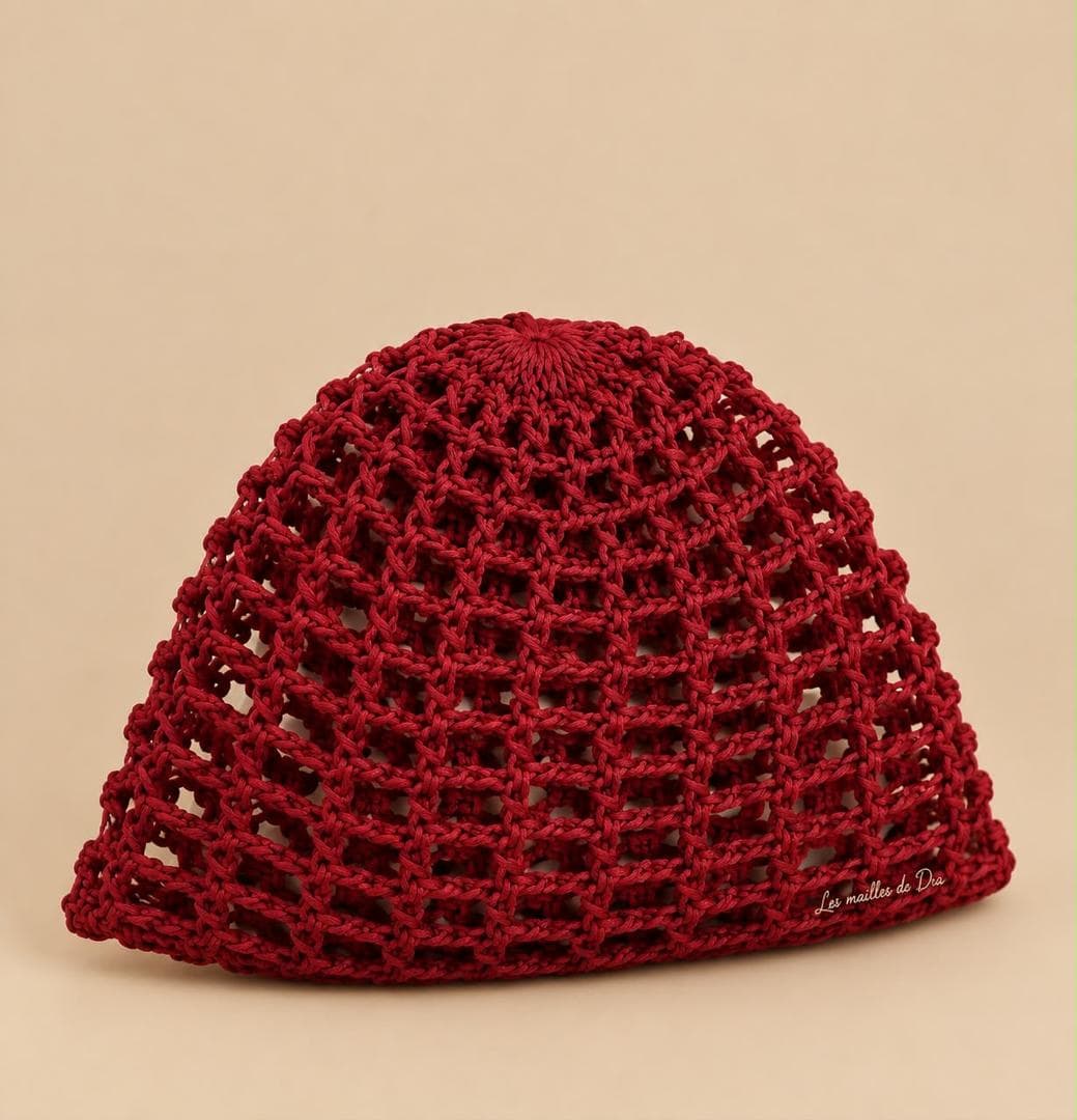 Bonnet crocheté ajouré en maille filet, couleur bordeaux.