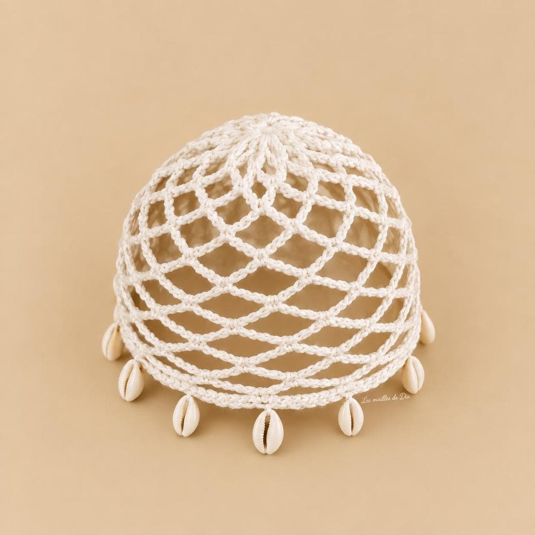 Bonnet crocheté ajouré blanc, bordé de coquillages cauris.