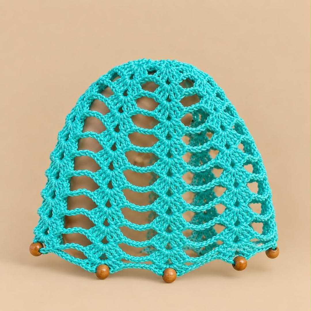 Bonnet crocheté ajouré turquoise, bordé de perles en bois.