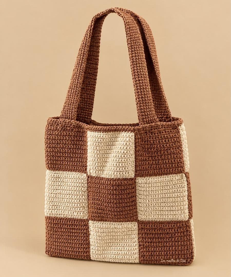 Sac cabas crocheté à motif damier caramel et crème, avec deux anses.
