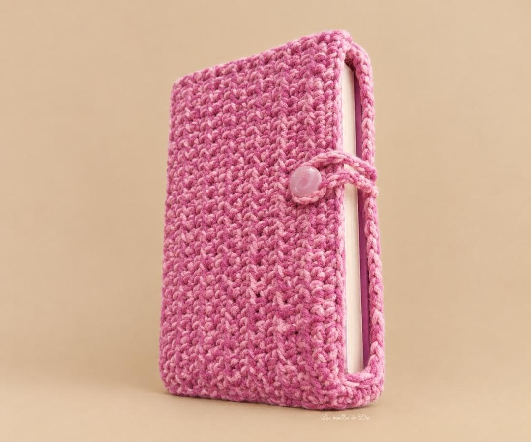Housse de livre crochetée rose chiné, fermée par une boucle et un bouton.