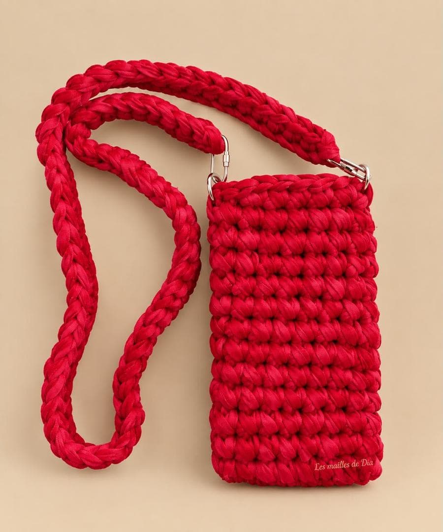 Pochette pour téléphone crochetée rouge avec bandoulière tressée et mousquetons.