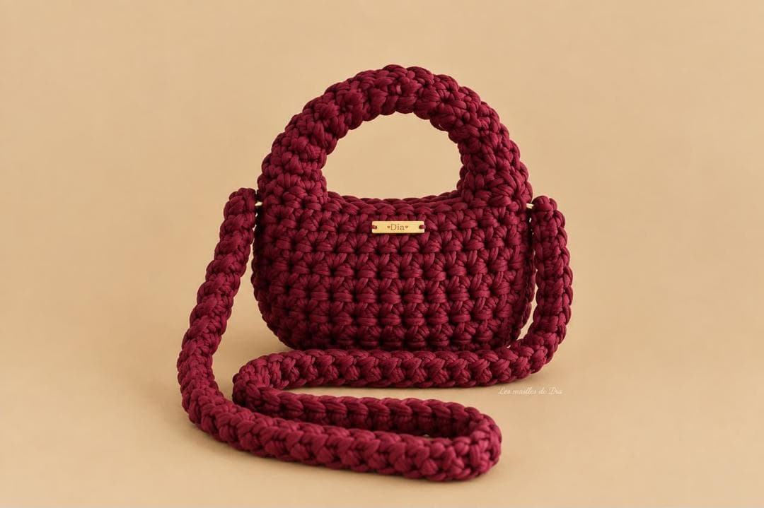 Petit sac crocheté bordeaux avec anse et longue bandoulière tressée.