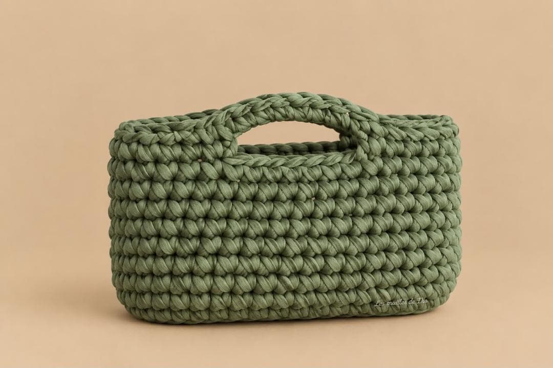 Petit sac à main crocheté vert sauge à anse découpée.